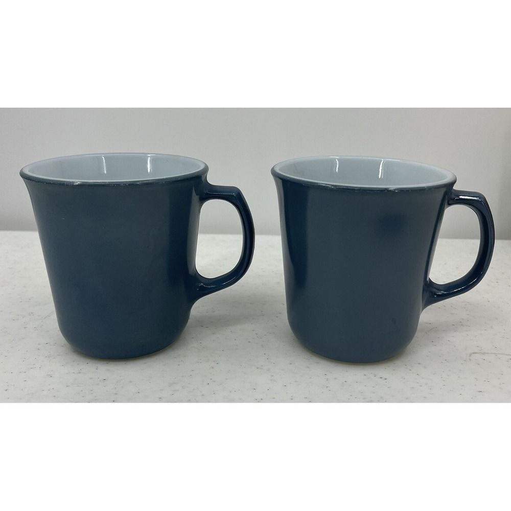 Vintage Pyrex Coffee Cups Mugs (2) Mid Century Modern Slate Blue D Handle